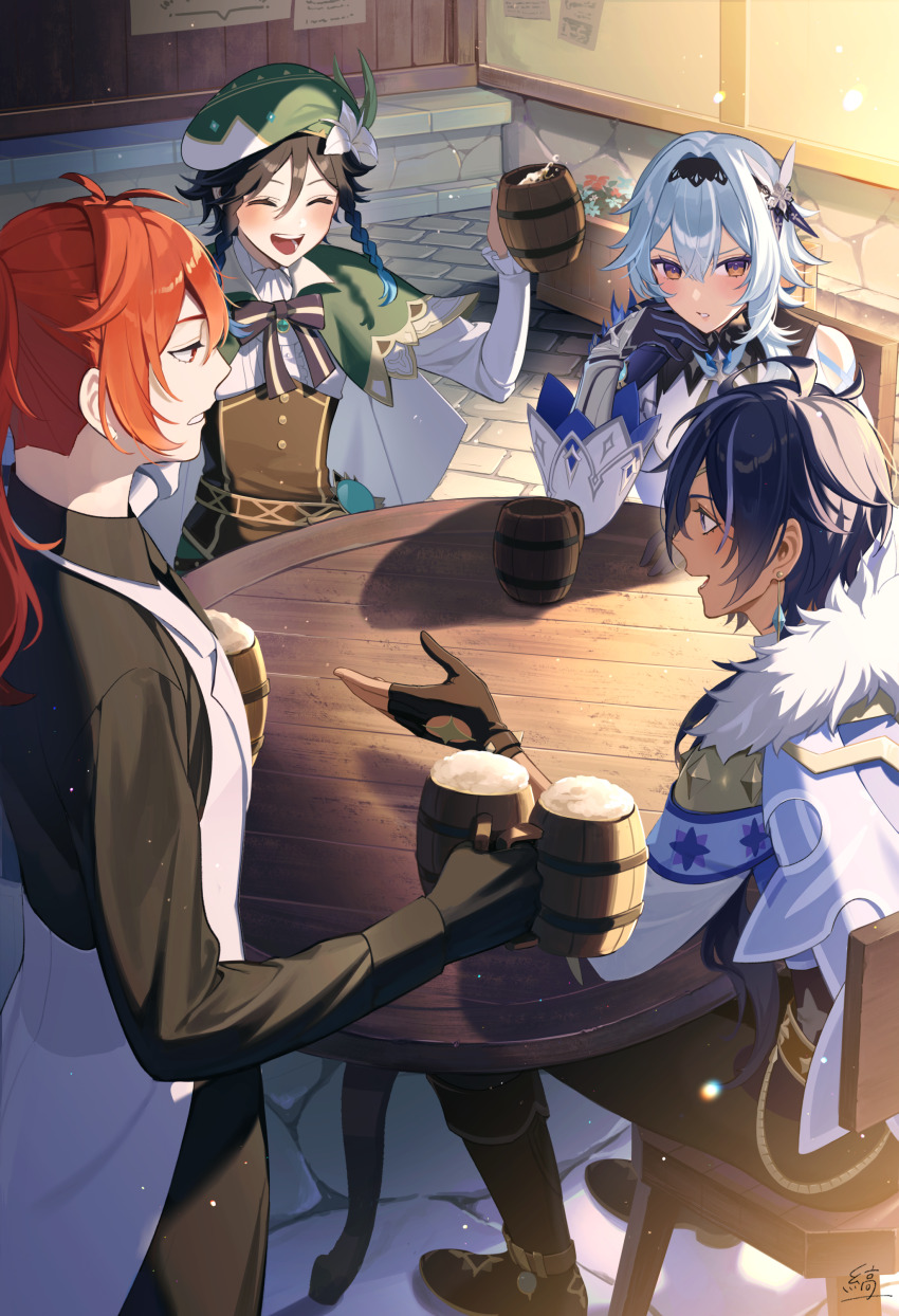 1girl 3boys absurdres ahoge alcohol alternate_costume antenna_hair apron bard beer beer_mug beret black_gloves black_hairband black_shirt blue_cape blue_gloves blue_hair blue_necktie blush braid brothers brown_footwear cape clenched_teeth closed_eyes clothing_cutout collared_shirt cup dark-skinned_male dark_skin diluc_(genshin_impact) earrings eula_(genshin_impact) flower from_above genshin_impact gloves gradient_hair green_cape green_hat hair_between_eyes hair_over_shoulder hairband hand_on_own_cheek hand_on_own_face hat hat_flower highres holding holding_cup jewelry kaeya_(genshin_impact) long_hair low_ponytail medium_hair mug multicolored_eyes multicolored_hair multiple_boys necktie noes open_mouth partially_fingerless_gloves ponytail purple_eyes red_hair shirt short_hair_with_long_locks shoulder_cutout siblings sidelocks sitting standing step-siblings table teeth twin_braids venti_(genshin_impact) white_apron white_flower wide_sleeves wooden_chair wooden_table