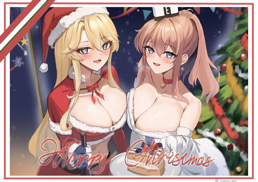 2girls battle_effectiveness_award bell blonde_hair breasts choker christmas christmas_tree dimos_(dawn_1945) dress hat high_side_ponytail highres iowa_(kancolle) kantai_collection large_breasts merry_christmas multiple_girls neck_bell santa_hat saratoga_(kancolle) smokestack_hair_ornament star-shaped_pupils star_(symbol) symbol-shaped_pupils white_dress