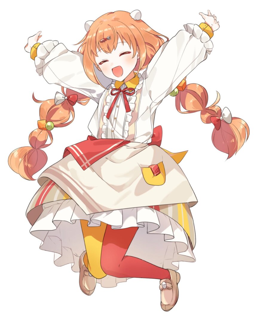 1girl 2nem_g_kti apron arms_up asymmetrical_legwear blush braid brown_apron brown_shoes brown_skirt center_frills closed_eyes collared_dress dress egg_hair_ornament food-themed_hair_ornament fork_hair_ornament frilled_dress frills full_body hair_ornament hairclip highres jumping kirara_tamako kirara_tamako_(1st_costume) knees_together_feet_apart layered_sleeves loafers long_hair long_sleeves low_twin_braids midair mismatched_legwear neck_ribbon nijisanji object_in_pocket open_mouth orange_eyes orange_hair outstretched_arms pantyhose pocket red_pantyhose red_ribbon ribbon shoes simple_background skirt smile solo spread_arms striped_clothes striped_skirt twin_braids two-tone_pantyhose vertical-striped_clothes vertical-striped_skirt virtual_youtuber white_background white_dress yellow_pantyhose