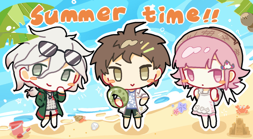 ahoge barefoot beach blue_shorts blush_stickers brown_hair brown_hat bucket chinese_commentary closed_mouth coat collared_shirt commentary_request crab cross-laced_clothes cross-laced_dress danganronpa_(series) danganronpa_2:_goodbye_despair dress expressionless eyewear_on_head green_coat green_eyes green_shorts grey_shirt grey_shorts hair_between_eyes hair_ornament hat hat_ribbon hermit_crab hinata_hajime holding holding_swim_ring hood hood_down hooded_coat hope&#039;s_peak_academy innertube komaeda_nagito medium_hair nanami_chiaki no_nose ocean open_clothes open_coat open_shirt outline pilice pink_eyes pink_hair ribbon sand sand_castle sand_sculpture seashell shell shirt short_hair short_sleeves shorts shovel sleeveless sleeveless_dress smile sunglasses swim_ring white_dress white_hair white_outline white_ribbon white_shirt