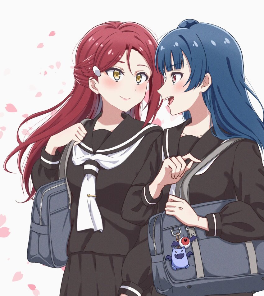 2girls aziazi014 bag black_sailor_collar black_serafuku black_skirt blue_bag blue_hair blush charm_(object) closed_mouth commentary_request falling_petals half_updo highres long_hair long_sleeves looking_at_another love_live! love_live!_sunshine!! multiple_girls neckerchief open_mouth petals red_eyes red_hair sailor_collar sakurauchi_riko school_bag school_uniform serafuku skirt smile standing tsushima_yoshiko upper_body uranohoshi_school_uniform white_neckerchief yellow_eyes