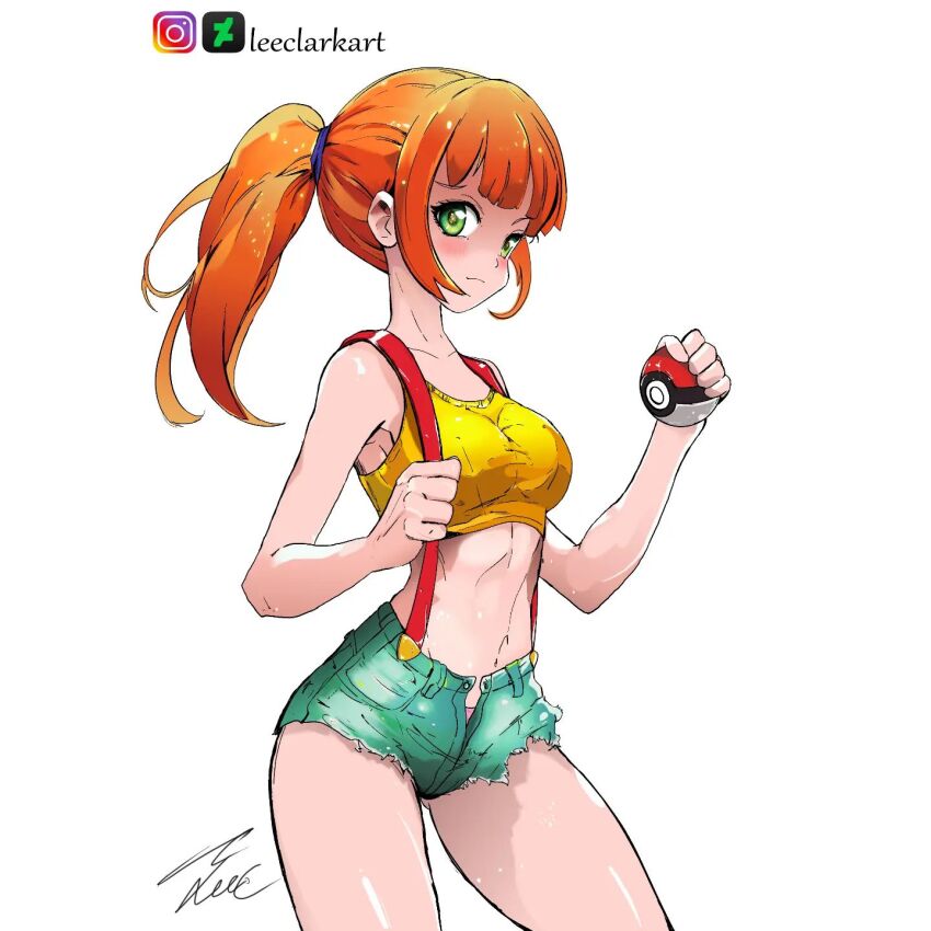 1girl adapted_costume asymmetrical_hair bare_legs blush breasts cowboy_shot denim denim_shorts female_focus green_eyes gym_leader highres holding holding_poke_ball leeclarkart legs looking_at_viewer medium_breasts misty_(pokemon) navel nintendo orange_hair panties pants panty_peek partially_unzipped poke_ball pokemon pokemon_(anime) pokemon_(classic_anime) ponytail shirt short_hair short_ponytail short_shorts shorts side_ponytail smile solo suspenders tank_top thighs underwear unzipped wide_hips yellow_shirt yellow_tank_top