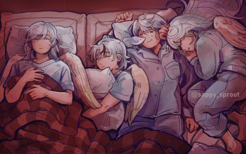 4girls angel_wings artist_name chiyo_(love-bullet) closed_eyes ena_(love-bullet) futon highres hugging_object kanna_(love-bullet) koharu_(love-bullet) long_hair love-bullet multiple_girls nose_bubble pajamas pillow pillow_hug sappy_sprout sleeping under_covers white_hair wings