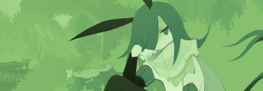 1girl androgynous antennae bored bug butterfly dweller&#039;s_empty_path grass green_theme highres insect layered_sleeves long_hair looking_at_viewer monochrome official_art outdoors scarf short_sleeves sitting solo tail temmie_chang tree_stump yoki_(dweller&#039;s_empty_path)