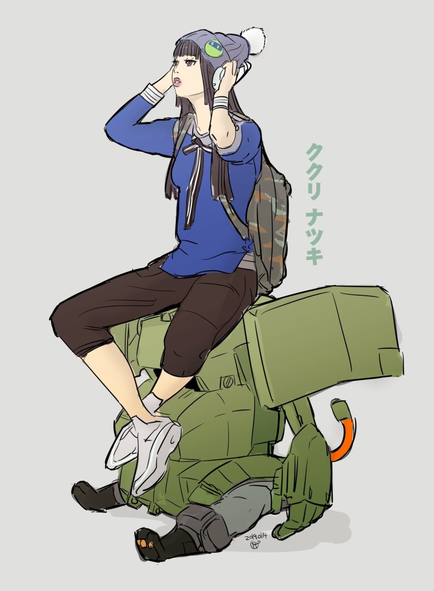 1girl alternate_hair_length alternate_hairstyle bad_id bad_twitter_id black_eyes black_hair brown_hair character_name grey_background highres jgsdf_type_07_tank_nacchin kukuri_natsuki long_hair looking_up mecha moi_moi7 original parted_lips robot sitting thick_lips