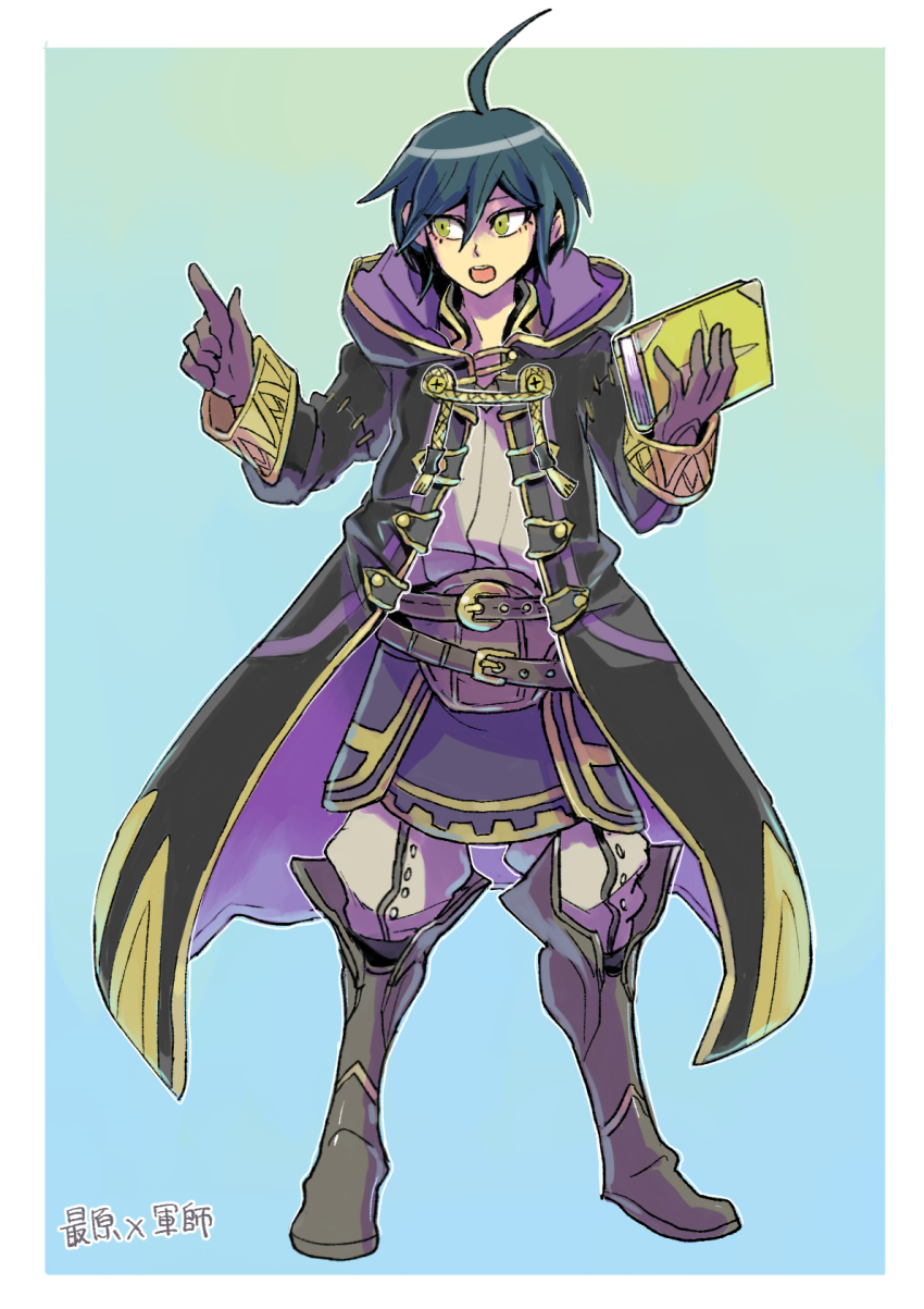 1boy ahoge belt black_coat book boots border brown_gloves coat cosplay danganronpa_(series) danganronpa_v3:_killing_harmony fire_emblem full_body gloves green_eyes grey_pants hair_between_eyes highres holding holding_book index_finger_raised kumakoro_(tetsupag) male_focus male_robin_(fire_emblem) male_robin_(fire_emblem)_(cosplay) nintendo open_mouth pants saihara_shuichi solo standing white_border
