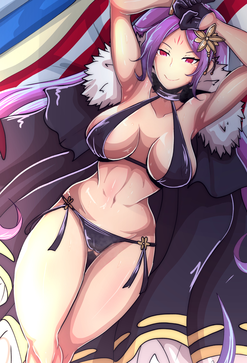 1girl absurdres bikini black_bikini black_cape black_gloves breasts cape facial_mark fate/grand_order fate_(series) forehead_mark fur-trimmed_cape fur_trim gloves grimmelkin half_gloves highres large_breasts long_hair lying navel on_back parted_bangs red_eyes side-tie_bikini_bottom solo swimsuit twintails very_long_hair wu_zetian_(fate) wu_zetian_(swimsuit_caster)_(fate) wu_zetian_(swimsuit_caster)_(third_ascension)_(fate)