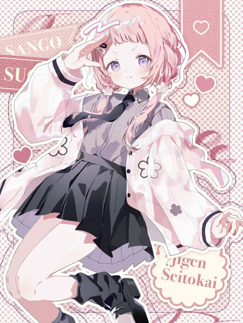 1girl absurdres black_necktie black_shoes black_skirt black_socks blue_eyes blush character_name closed_mouth commentary grey_shirt hair_ornament hairclip hashtag-only_commentary heart highres jacket long_hair looking_at_viewer low_twintails nanajigen_seitokai_(nijisanji) necktie nijisanji off_shoulder official_alternate_costume open_clothes open_jacket outline pink_hair shirt shirt_tucked_in shoes skirt socks solo suo_sango tobun_sub twintails virtual_youtuber white_outline