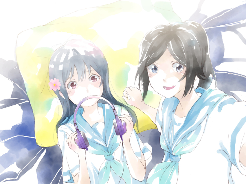 10kanaga 2girls arm_support bed black_hair blue_hair blue_neckerchief blue_sailor_collar flower hair_flower hair_ornament headphones hibike!_euphonium highres holding kasaki_nozomi kitauji_high_school_uniform liz_to_aoi_tori long_hair lying multiple_girls neckerchief on_back on_bed outstretched_arm pillow pink_flower ponytail sailor_collar school_uniform selfie serafuku shirt short_sleeves white_shirt yoroizuka_mizore