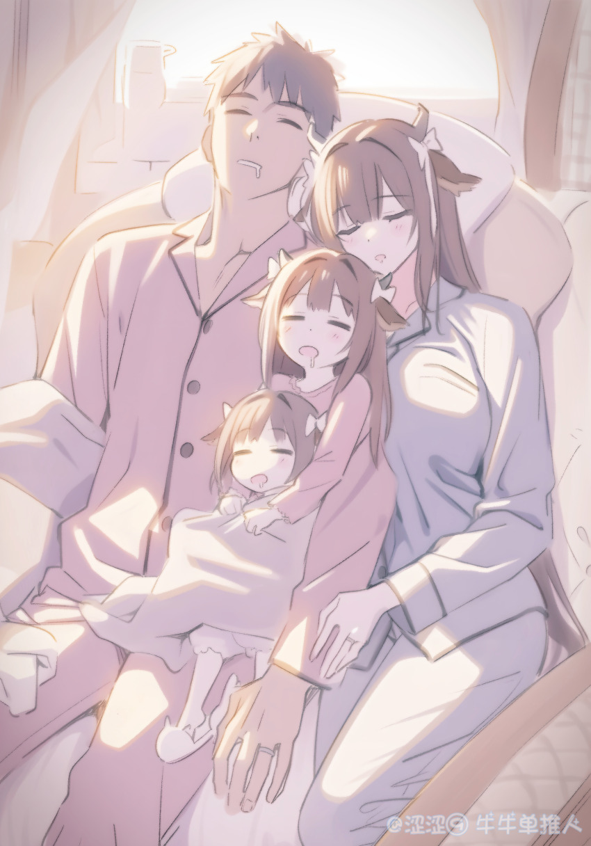 1boy 3girls absurdres alternate_costume animal_ears azur_lane brown_hair child closed_eyes commander_(azur_lane) cow_ears cow_girl cow_horns highres horns jewelry kashino9daisuki kashino_(azur_lane) long_hair mother_and_daughter multiple_girls open_mouth ring sleeping wedding_ring