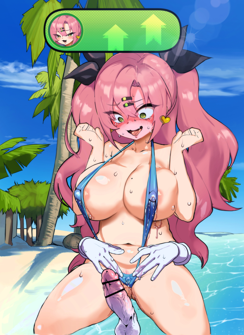 1boy 1girl areola_slip bar_censor beach black_ribbon blue_one-piece_swimsuit blue_sky blush breasts censored collarbone constricted_pupils covered_erect_nipples cowboy_shot day disembodied_hand disembodied_penis earrings erection eyebrows eyelashes fang female_pubic_hair full_body green_eyes hair_ribbon hands_up hetero imminent_penetration imminent_vaginal jewelry large_breasts legs_apart long_hair looking_at_penis looking_down mihoyo mole mole_on_breast mole_on_thigh mole_under_eye navel nicole_demara ocean one-piece_swimsuit open_mouth outdoors penis pink_hair pubic_hair pubic_hair_peek ribbon sand sky slingshot_swimsuit solo_focus standing swimsuit testicles thighs tongue tongue_out torogao two_side_up variant_set water yoma_(mayo) zenless_zone_zero