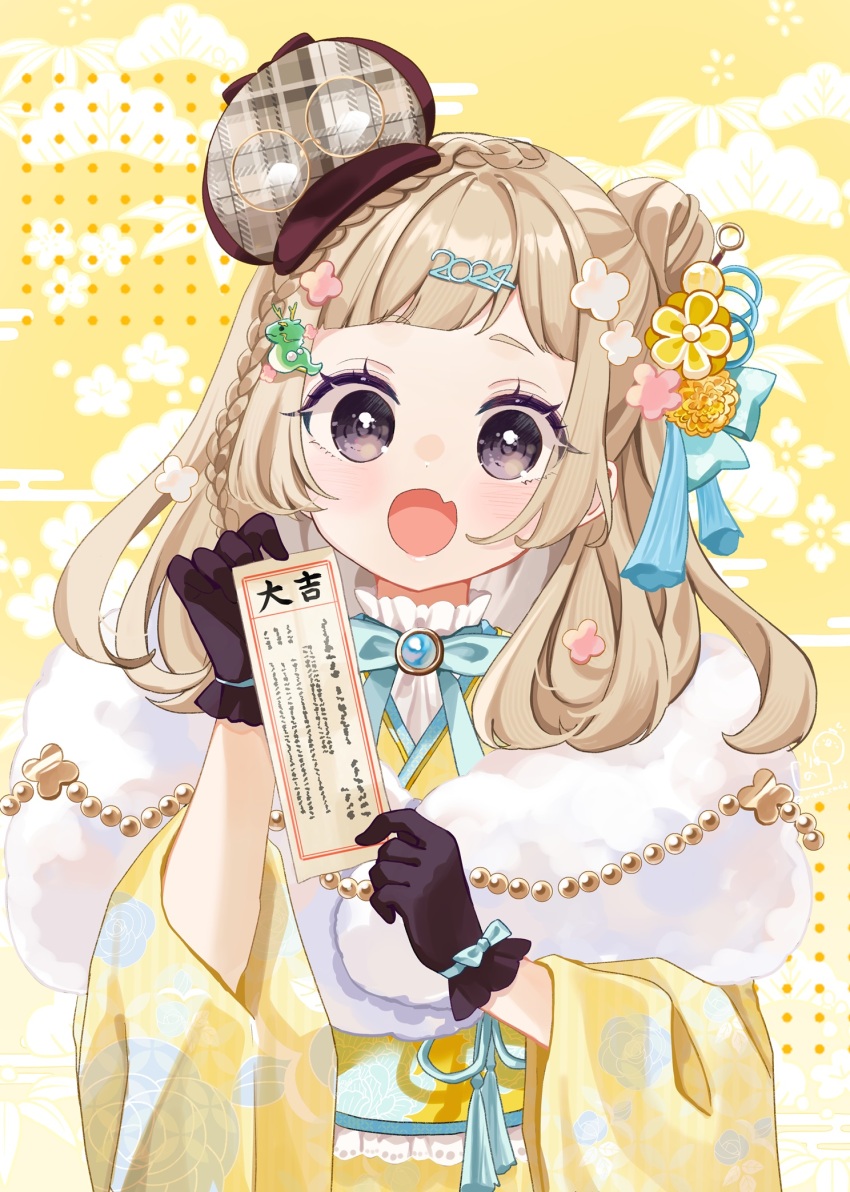 1girl :d blue_bow bow braid brown-framed_eyewear brown_hair brown_hat commentary_request deerstalker egasumi eyewear_on_headwear fang fur_collar glasses grey_eyes hair_bun harapeko_shoujo_to_tantei_to haruno_rikka hat highres holding japanese_clothes kimono long_sleeves looking_at_viewer mini_hat obi omikuji open_mouth plaid_hat rino_cnc round_eyewear sash smile solo tilted_headwear translation_request upper_body wide_sleeves yellow_kimono