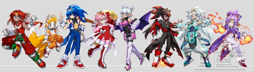 3girls 5boys adapted_costume amy_rose animal_ears blaze_the_cat blue_hair boots breasts dark-skinned_male dark_skin fighting_stance fox_ears fox_tail full_body grey_background hammer highres holding holding_hammer humanization kamota_(momokomati) knuckles_the_echidna looking_at_viewer multicolored_hair multiple_boys multiple_girls orange_hair over_shoulder pointy_ears purple_hair red_hair rouge_the_bat shadow_the_hedgehog silver_the_hedgehog simple_background sonic_(series) sonic_the_hedgehog spiked_knuckles tail tails_(sonic) tan weapon weapon_over_shoulder