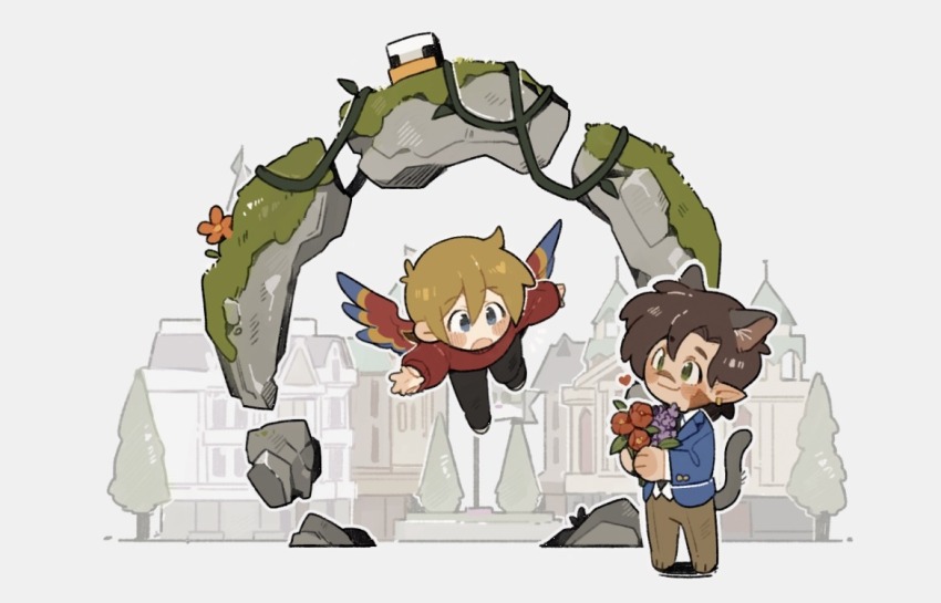 2boys animal_ears bird_boy bird_wings blonde_hair blush bouquet brown_hair cat_boy cat_ears cat_tail chibi chibi_only chicken_(minecraft) extra_ears flower flying goodtimeswithscar goodtimeswithscar_(scarland) grey_eyes grian_(youtuber) heart hermitcraft holding holding_bouquet kemonomimi_mode luminous_slime minecraft minecraft_youtube multiple_boys open_mouth pointy_ears scar tail wings yaoi