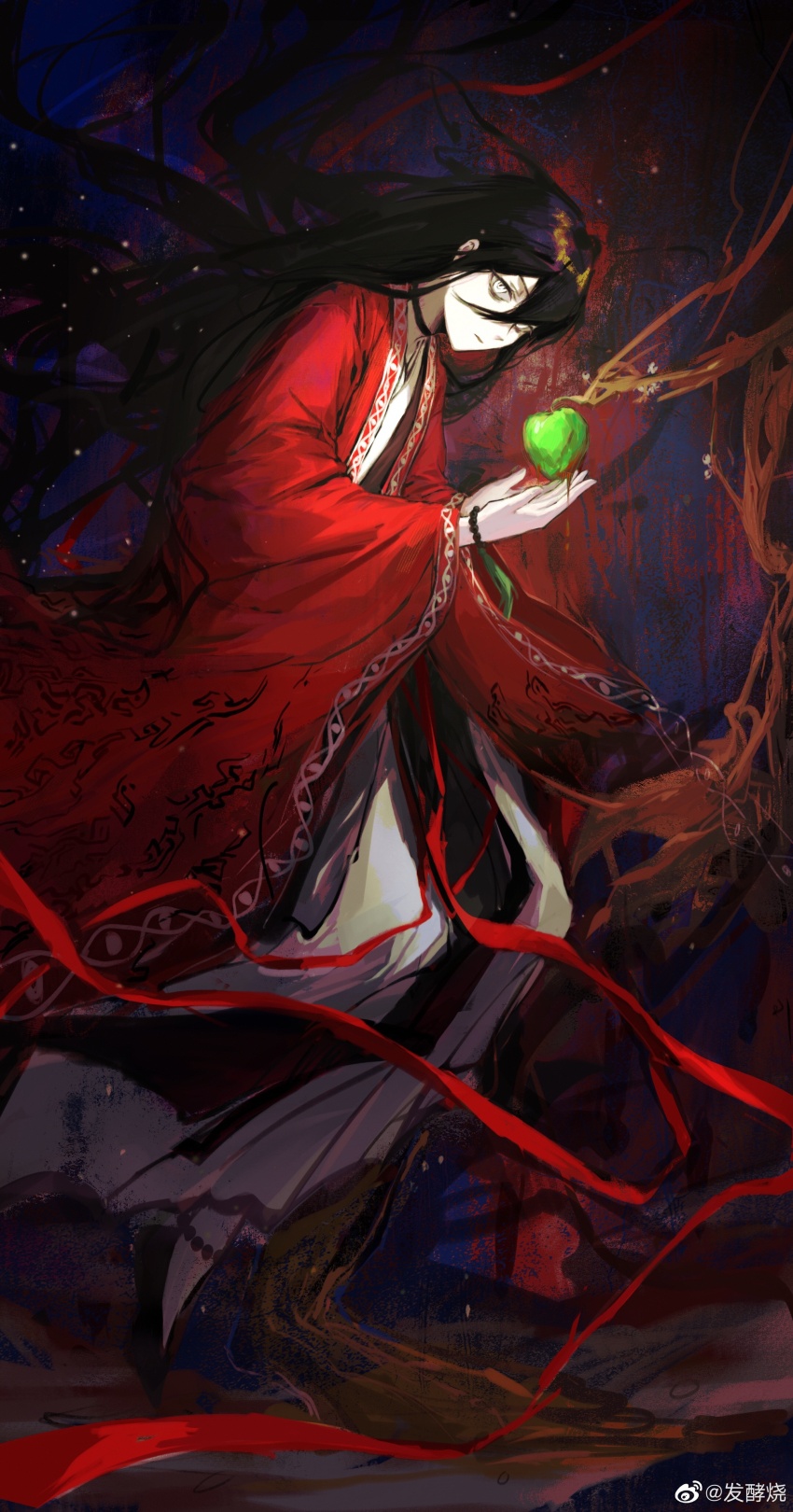 1boy absurdly_long_hair absurdres apple black_choker black_hair black_shoes branch chinese_clothes chinese_commentary choker closed_mouth coat dao_gui_yi_xian fajiaoshao floating floating_clothes floating_hair food from_side fruit full_body green_apple hair_between_eyes hanfu highres holding holding_food holding_fruit ji_zai li_huowang light_particles long_hair long_sleeves looking_at_viewer male_focus official_alternate_hair_length official_alternate_hairstyle profile red_coat red_ribbon ribbon robe shoes solo tree very_long_hair watermark weibo_watermark white_eyes white_hanfu wide_sleeves