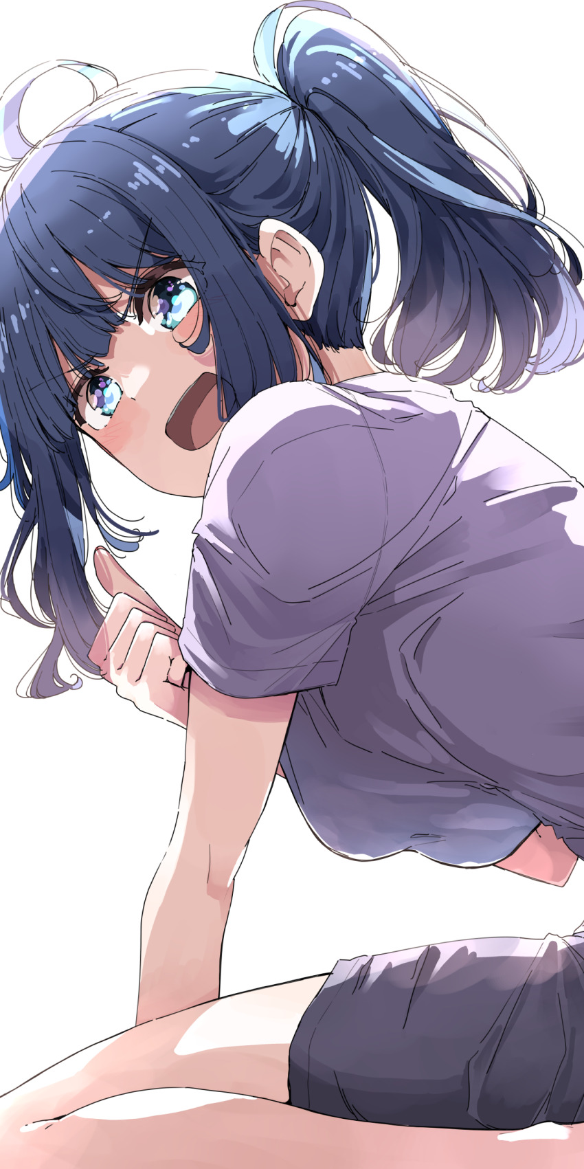 1girl ahoge blue_eyes blue_hair blue_shorts breasts high_ponytail highres looking_at_viewer make_heroine_ga_oo_sugiru! medium_breasts medium_hair nyoijizai open_mouth ponytail shirt short_sleeves shorts simple_background sitting solo t-shirt thumbs_up wariza white_background white_shirt yanami_anna