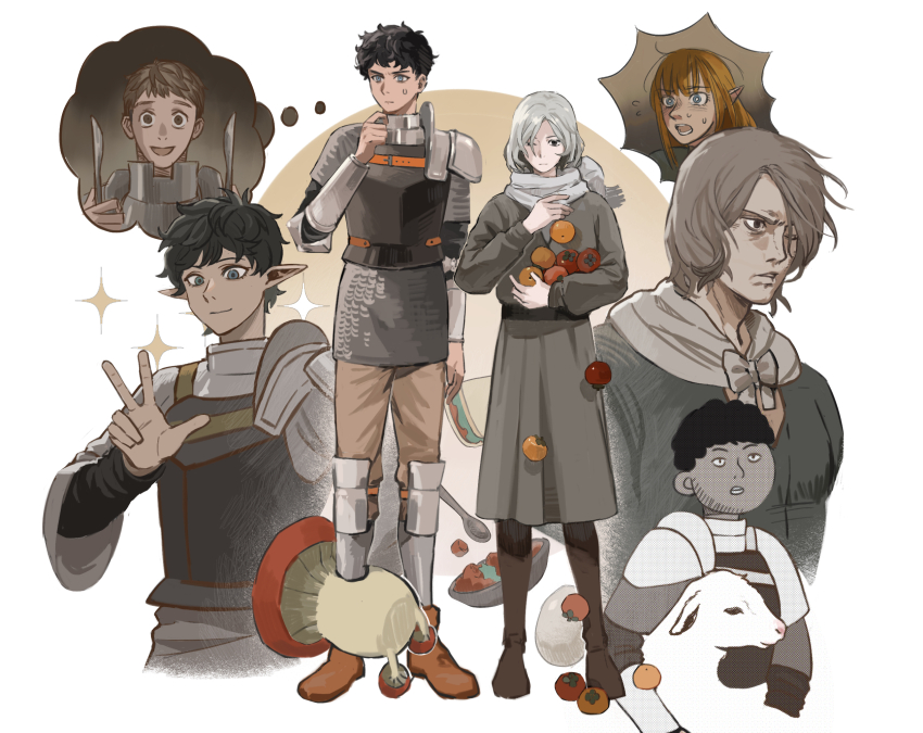 1girl 3boys alternate_species armor bags_under_eyes barometz black_eyes black_hair blonde_hair blue_eyes boots chainmail curly_hair dark-skinned_male dark_skin dungeon_meshi elf fork grey_hair highres holding holding_fork holding_knife kabru kabru_(elf) knife laios_touden lamb lazy_eye leather_armor long_sleeves male_focus mithrun mithrun_(tallman) multiple_boys pattadol pauldrons pointy_ears sheep short_hair shoulder_armor single_pauldron sweatdrop thigh_boots tomato tunic uneven_eyes walking_mushroom_(dungeon_meshi) xiiiiiiiii