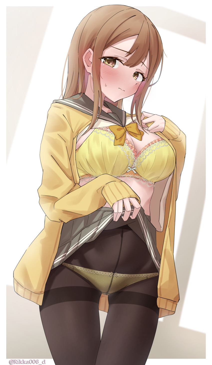 1girl absurdres black_pantyhose blush bow bowtie bra breasts brown_eyes brown_hair cardigan closed_mouth commentary commission covered_navel ear_blush grey_sailor_collar grey_skirt highres kunikida_hanamaru large_breasts lifting_own_clothes long_hair long_sleeves looking_at_viewer love_live! love_live!_sunshine!! panties panties_under_pantyhose pantyhose pixiv_commission pleated_skirt rikka006 sailor_collar school_uniform serafuku sidelocks skirt solo sweatdrop thighband_pantyhose underwear uranohoshi_school_uniform yellow_bow yellow_bowtie yellow_bra yellow_cardigan yellow_panties