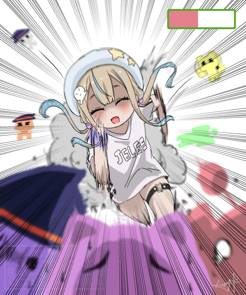 1girl absurdres beret blush brown_hair closed_eyes commentary_request hat highres jelee-chan jellyfish_hair_ornament long_hair mutsuki_(mutsuki0110) open_mouth pico_park running shirt short_sleeves skindentation solo thigh_strap white_hat white_shirt yoru_no_kurage_wa_oyogenai