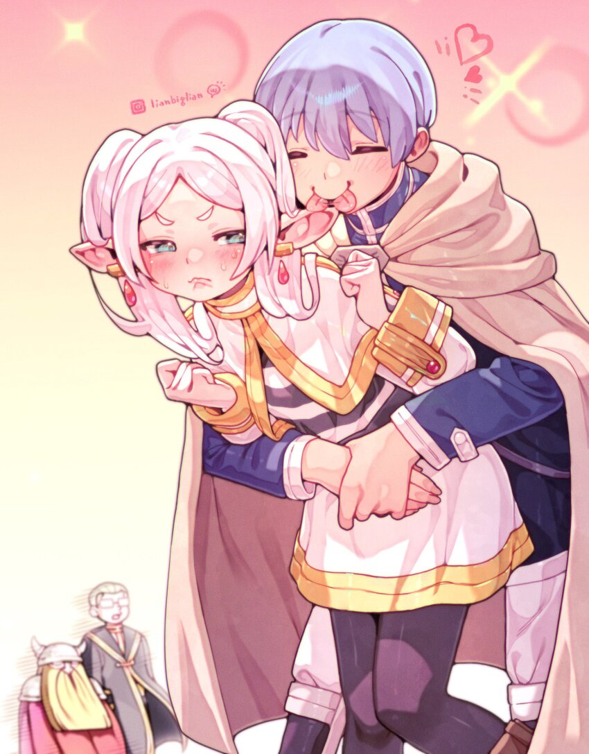 1girl 3boys blue_hair blue_tunic capelet cloak dwarf ear_licking eisen_(sousou_no_frieren) elf fake_horns frieren frieren_blowing_a_kiss heart heiter helmet hetero highres himmel_(sousou_no_frieren) horned_helmet horns lianbiglian licking multiple_boys pointy_ears simple_background sousou_no_frieren sweatdrop tunic white_capelet white_cloak