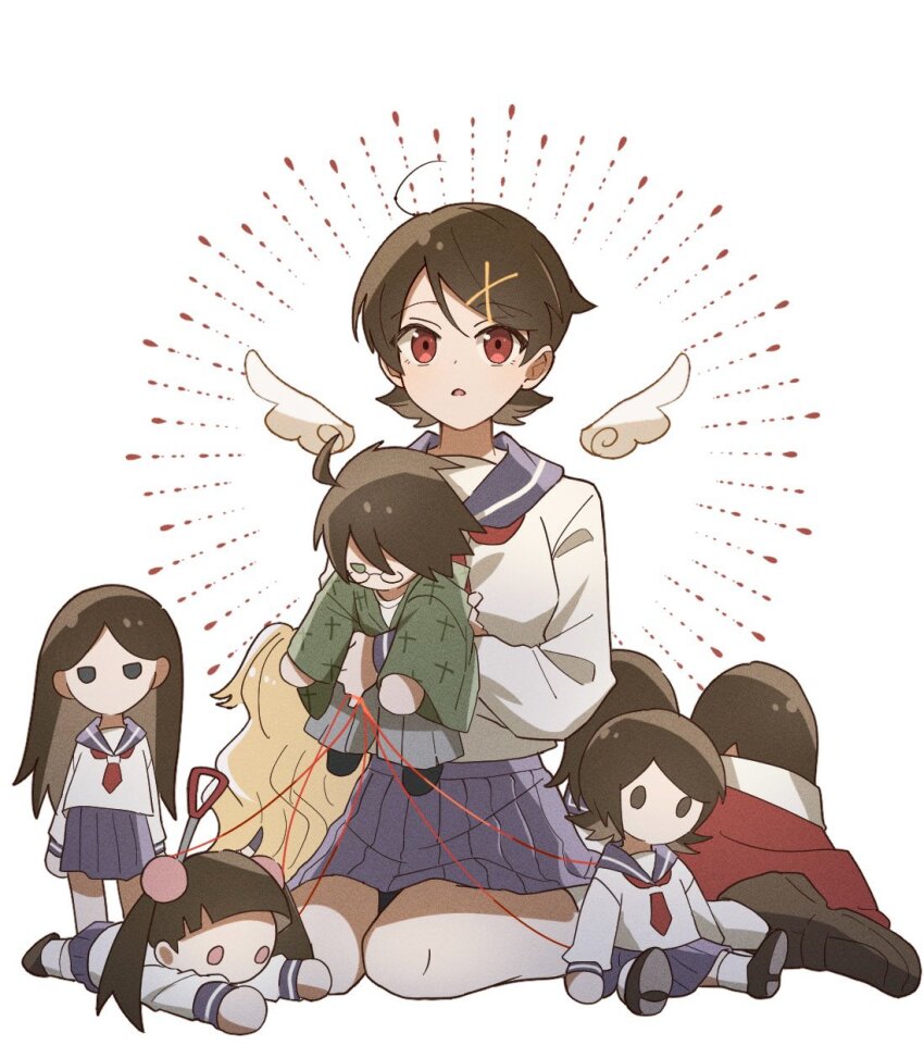 1boy 6+girls angel_wings brown_hair character_doll doll fuura_kafuka hair_ornament hakuuyori highres hitou_nami holding holding_shovel itoshiki_nozomu japanese_clothes kimono kimura_kaere kitsu_chiri komori_kiri looking_at_viewer multiple_girls otonashi_meru puppet sayonara_zetsubou_sensei school_uniform serafuku shovel sitting tsunetsuki_matoi white_background white_wings wings x_hair_ornament