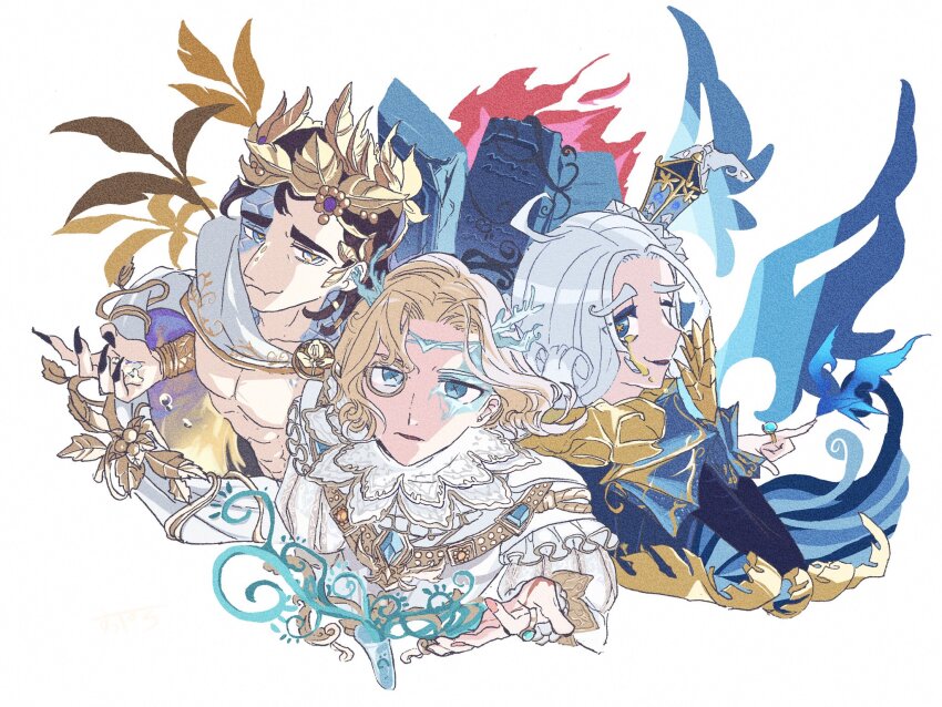 3boys abs ahoge antlers black_nails black_shirt blonde_hair blue_butterfly blue_eyes blue_eyeshadow blue_gemstone blue_vest bracer brown_hair bug butterfly butterfly_on_hand cape circlet colored_tears commentary cropped_torso cross-shaped_pupils curly_hair eyeshadow fangs fingernails fire flower-shaped_pupils frost gauntlets gem gold_trim grape_vine hair_between_eyes hair_tubes hand_up hat highres holding_water horns identity_v insect jewelry laurel_crown leaf looking_at_viewer luchino_diruse luchino_diruse_(spring_heated_wine) makeup male_focus mini_hat monocle multiple_boys official_alternate_costume orpheus_(hollow)_(identity_v) orpheus_(identity_v) parted_bangs parted_lips perorinsr plant puffy_sleeves ring scales scarf sharp_fingernails shirt short_hair simple_background single_gauntlet single_tear skin_fangs sleeve_cuffs smile stone_tablet symbol-shaped_pupils test_tube topless_male upper_body vest vines weeping_clown_(identity_v) weeping_clown_(swallow_of_deception)_(identity_v) white_background white_cape white_hair white_shirt yellow_pupils yellow_scarf