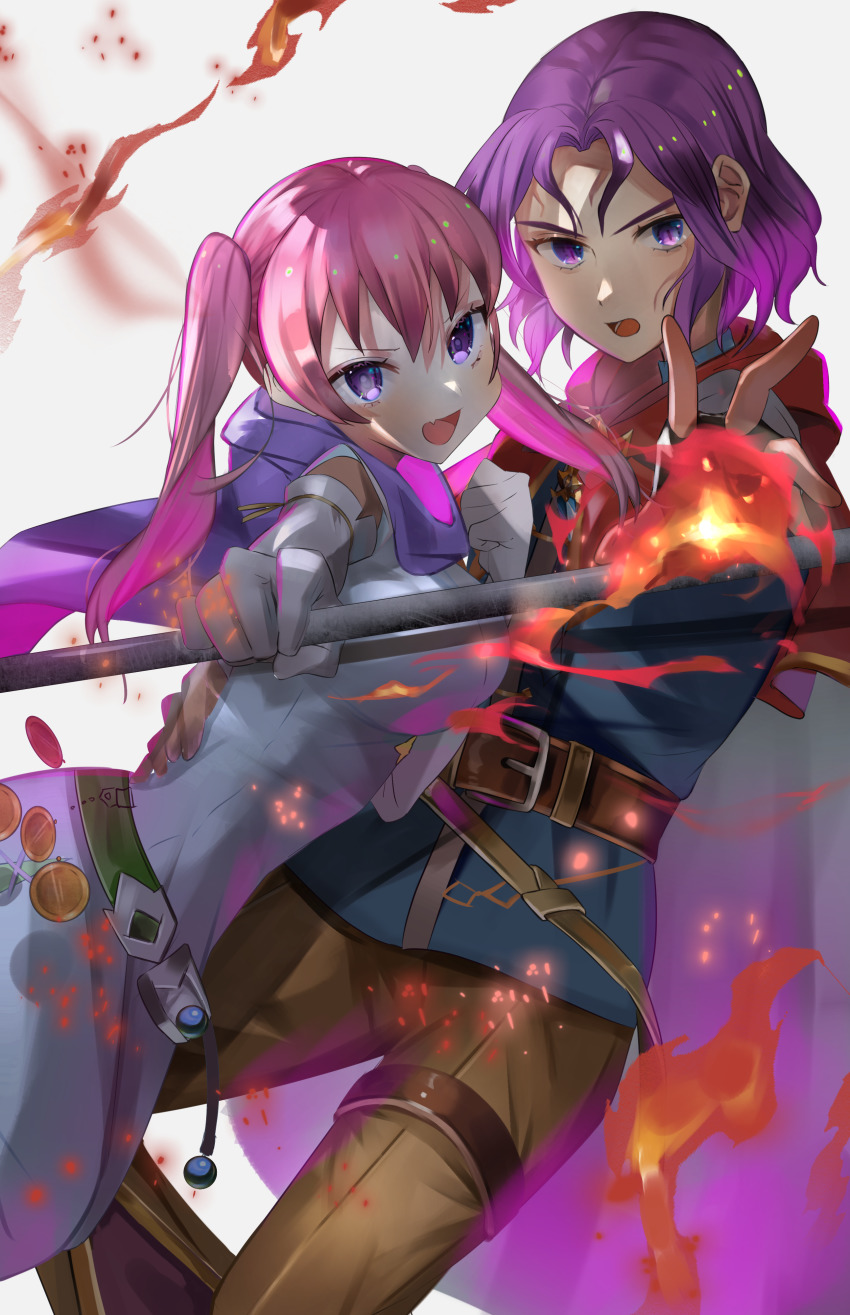 1boy 1girl absurdres belt blue_shirt brown_pants cape chil0107 dress elbow_gloves erk_(fire_emblem) fang fire fire_emblem fire_emblem:_the_blazing_blade gloves highres looking_at_viewer nintendo pants pink_hair purple_cape purple_eyes purple_hair serra_(fire_emblem) shirt twintails white_dress white_gloves