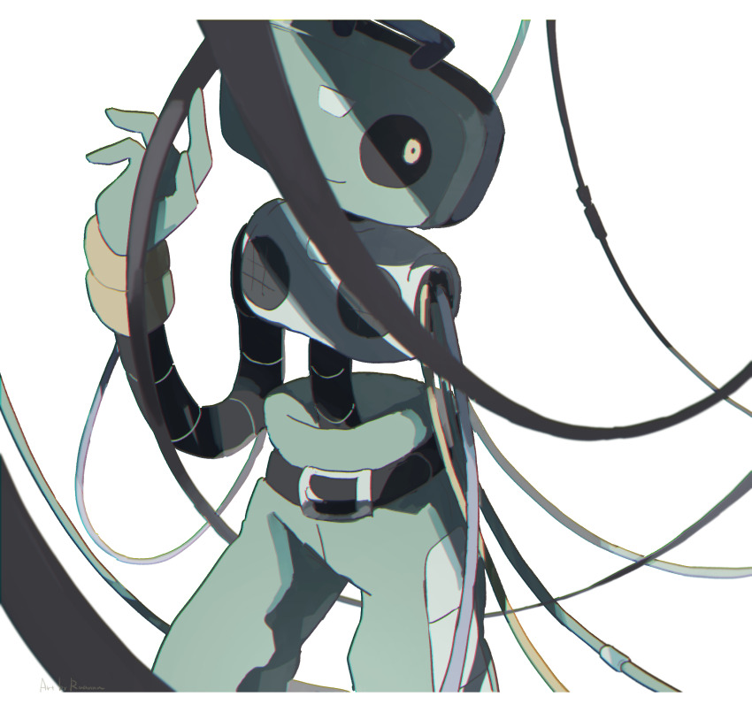 1boy belt black_belt cable cd_player chromatic_aberration closed_mouth commentary cowboy_shot deltarune gloves green_gloves green_pants hand_up highres humanoid_robot k_k_(deltarune) looking_at_viewer male_focus mechanical_arms object_head pants robot ruannu simple_background single_mechanical_arm smile solo symbol-only_commentary white_background yellow_eyes