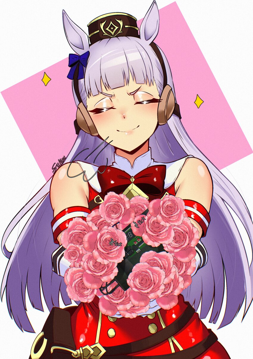 1girl absurdres animal_ears armband bare_shoulders belt_pouch blunt_bangs bomb bouquet bow bowtie closed_eyes commentary dress ear_bow ear_covers ear_ornament ear_ribbon english_commentary explosive flower fukou gloves gold_ship_(umamusume) highres holding holding_bouquet horse_ears horse_girl horseshoe_ornament long_hair outstretched_arms pillbox_hat pouch red_bow red_bowtie red_dress signature simple_background sleeveless sleeveless_dress solo sparkle umamusume white_background white_gloves white_hair