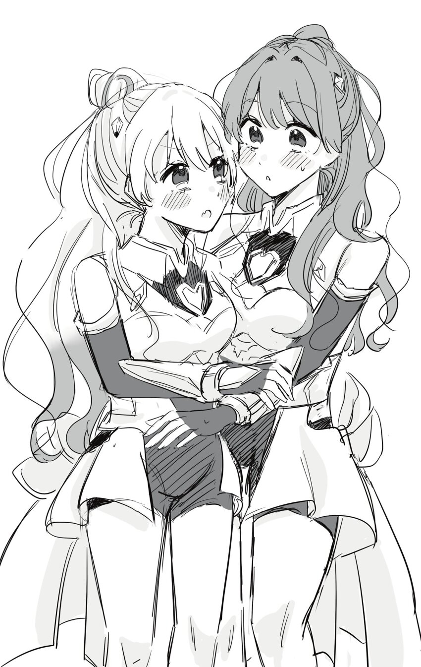 2girls :o bare_shoulders blush bodysuit boobplate breastplate breasts elbow_gloves eye_contact fanfare!!!_(love_live!) fang feet_out_of_frame fingerless_gloves fujishima_megumi gloves gradient_hair greyscale hair_bun highres link!_like!_love_live! long_hair looking_at_another love_live! medium_breasts mira-cra_park! monochrome multicolored_hair multiple_girls nunyara361 official_alternate_costume open_mouth osawa_rurino parted_lips ponytail simple_background single_hair_bun skin_fang streaked_hair sweat virtual_youtuber white_background wide-eyed yuri
