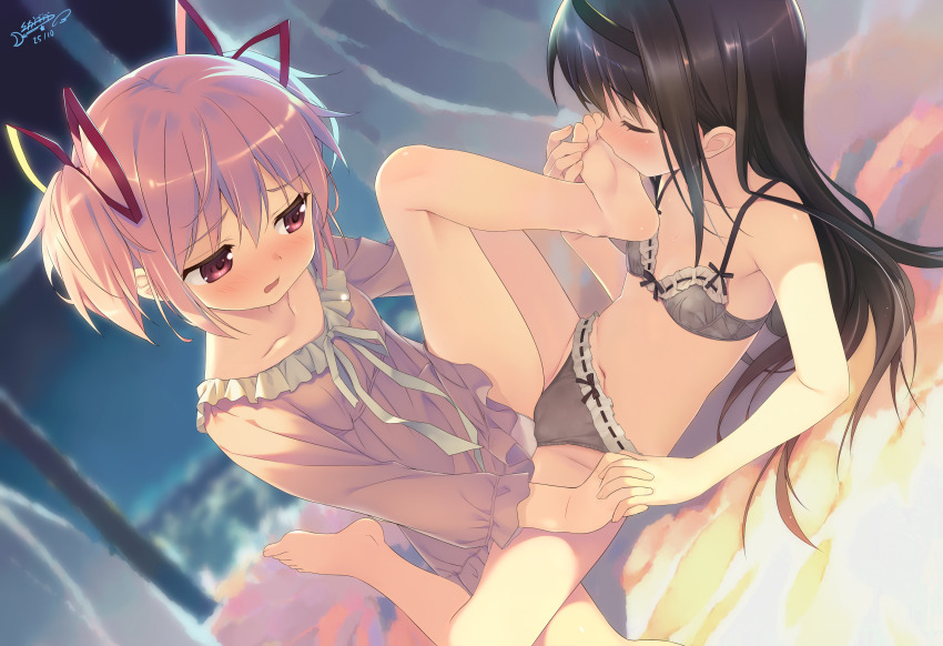 2girls absurdres akemi_homura barefoot black_bow black_hair black_hairband blush bow bow_bra bow_panties bra closed_eyes collarbone commentary feet flat_chest frilled_bra frilled_panties frilled_shirt frills furrowed_brow grey_bra grey_panties hair_ribbon hairband highres kaname_madoka kodomo_doushi licking licking_foot loli long_hair long_sleeves mahou_shoujo_madoka_magica medium_hair multiple_girls navel open_mouth panties pink_eyes pink_hair pink_ribbon pink_shirt ribbon shirt short_twintails soles stomach sweat toes tribadism tribadism_through_clothes twintails underwear underwear_only white_panties youyueyue yuri