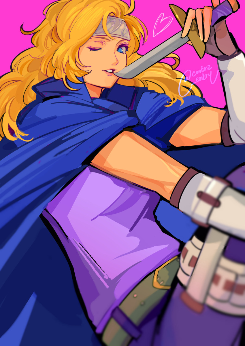 1girl bad_source belt blonde_hair blue_cape blue_eyes cape dagger fingerless_gloves fire_emblem fire_emblem:_radiant_dawn gloves grin headband heather_(fire_emblem) highres holding holding_dagger holding_knife holding_weapon knife lamb_(contra_entry) long_hair looking_at_viewer nintendo one_eye_closed pants purple_pants shirt sleeveless sleeveless_shirt smile solo teeth weapon