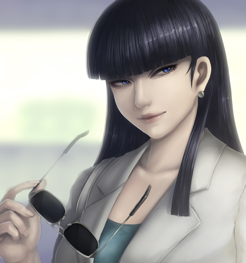 1girl black_hair blue_eyes blunt_bangs collarbone commentary earrings english_commentary female_focus formal_clothes half-closed_eyes highres holding holding_removed_eyewear jewelry kanuka_clancy kidou_keisatsu_patlabor light_smile lips long_hair looking_to_the_side okai smile solo suit sunglasses unworn_eyewear white_suit