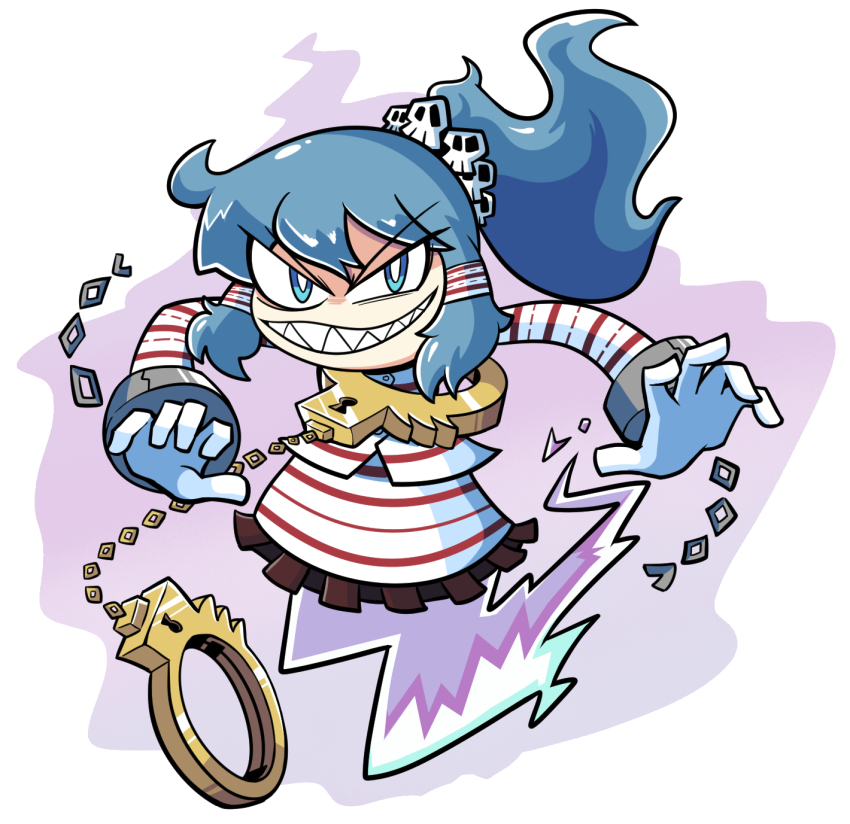 aura blue_eyes blue_hair chain cuffs evil_smile frilled_skirt frills ghost ghost_tail gloves grin hair_ornament hair_tubes handcuffs highres kevin_arthur miyadeguchi_mizuchi no_nose ponytail purple_aura sharp_teeth skirt skull_hair_ornament smile striped_clothes teeth touhou white_gloves