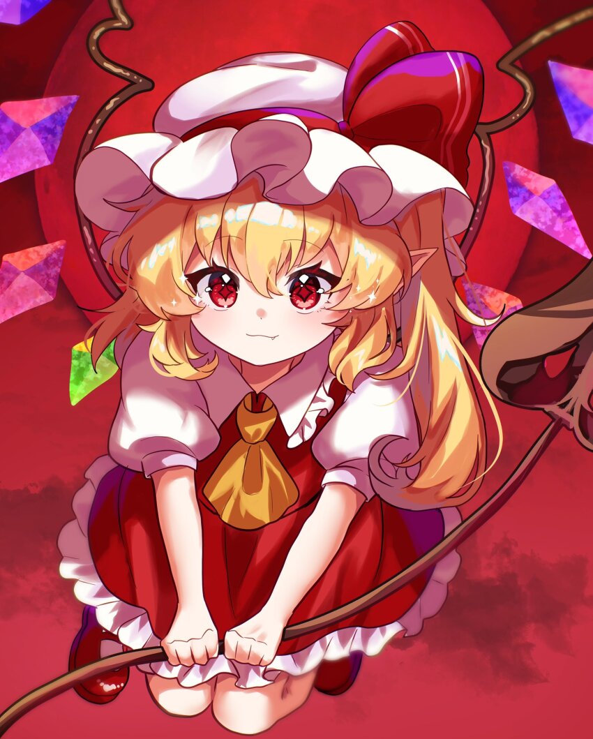 1girl ascot blonde_hair chocoeiru closed_mouth collared_shirt commentary crystal crystal_wings fang fang_out flandre_scarlet flying_sweatdrops frilled_shirt_collar frilled_skirt frills full_moon hat hat_ribbon highres holding holding_weapon laevatein_(touhou) light_smile long_hair looking_at_viewer mob_cap moon multicolored_wings one_side_up pointy_ears puffy_short_sleeves puffy_sleeves red_eyes red_moon red_skirt red_sky red_vest ribbon shirt short_sleeves skirt skirt_set sky solo touhou vest weapon white_hat white_shirt wings yellow_ascot