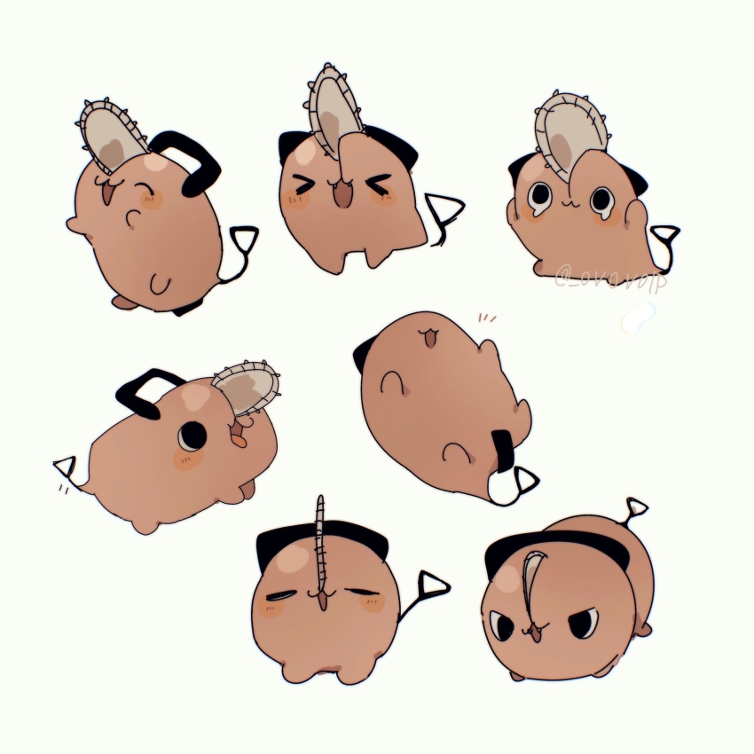 &gt;_&lt; =_= animal_focus blush_stickers chainsaw chainsaw_man closed_eyes commentary creature full_body happy highres multiple_views no_humans open_mouth ovoip pochita_(chainsaw_man) simple_background smile twitter_username watermark white_background