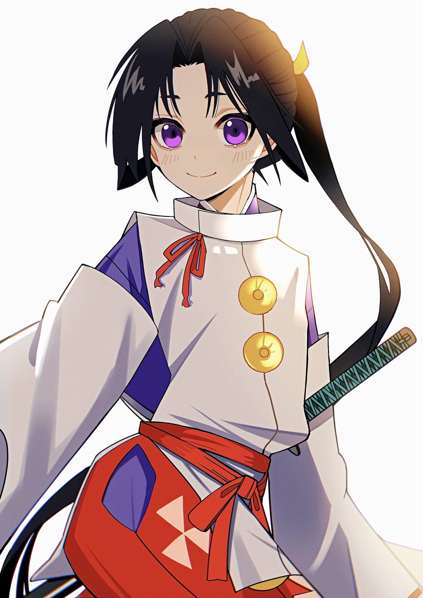 1boy absurdly_long_hair absurdres black_hair blush closed_mouth commentary_request cowboy_shot curtained_hair dot_nose hakama highres holstered houjou_tokiyuki_(nige_jouzu_no_wakagimi) japanese_clothes kariginu long_hair male_focus nige_jouzu_no_wakagimi ponytail purple_eyes red_hakama sakuma_kou simple_background smile solo sword very_long_hair weapon white_background
