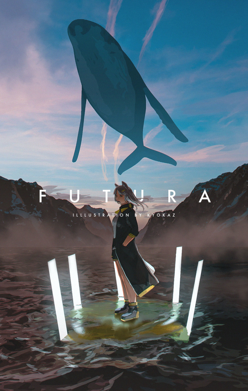 1girl animal_ears artist_name black_boots black_coat black_shorts blue_sky boots brown_hair cat_ears cloud coat commentary english_text faiz_azhar flying_whale full_body hair_ornament hairclip hands_in_pockets highres long_hair mountain open_clothes open_coat original outdoors shirt shorts sky solo standing water whale white_shirt