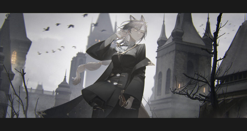 1girl absurdres animal arknights bare_tree bird black_jacket black_nails black_skirt black_thighhighs book braid breasts brown_eyes closed_mouth commentary grey_hair highres holding holding_book jacket letterboxed long_hair long_sleeves looking_away looking_to_the_side medium_breasts nail_polish one_eye_closed outdoors penance_(arknights) railing single_braid skirt solo thighhighs tmt tower tree very_long_hair wide_sleeves