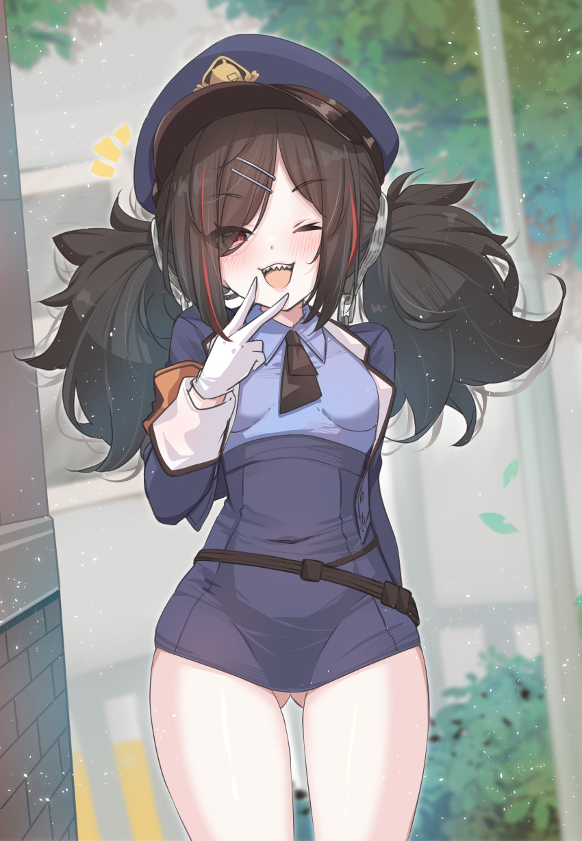 1girl :d absurdres azur_lane black_hair black_necktie blue_hat blush breasts commentary covered_navel gloves gluteal_fold hair_ornament hairclip hand_up hat highres looking_at_viewer low_twintails medium_hair mikuchi3939 multicolored_hair necktie notice_lines official_alternate_costume one_eye_closed open_mouth outdoors peaked_cap police police_hat police_uniform policewoman red_eyes red_hair red_streaks sharp_teeth simple_background small_breasts smile solo teeth twintails u-37_(azur_lane) u-37_(safekeeper_of_the_streets)_(azur_lane) v white_background white_gloves