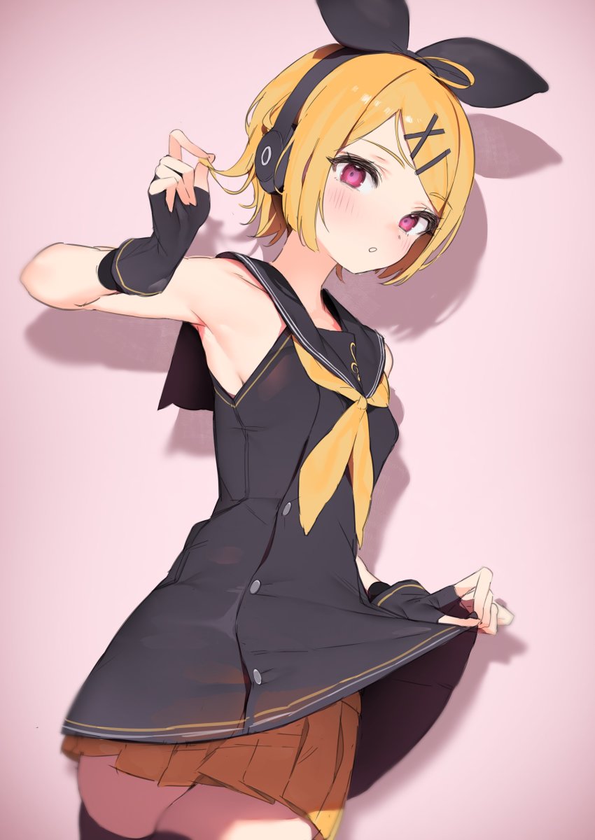 1girl absurdres black_dress black_gloves black_sailor_collar black_thighhighs blonde_hair blush breasts clothes_lift commentary commentary_typo dress dress_lift fingerless_gloves gloves hair_ornament hairclip headphones highres kagamine_rin looking_at_viewer neckerchief parted_lips pink_background pleated_skirt pomesaurus red_eyes sailor_collar sailor_dress shadow simple_background skindentation skirt skirt_under_dress sleeveless small_breasts solo thighhighs vocaloid sour_model_(mikumikudance) yellow_skirt