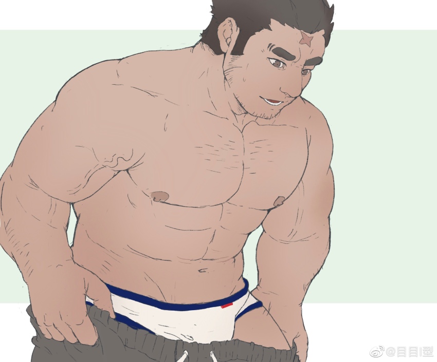 1boy abs bara briefs bulge chest_hair chinese_commentary clothes_pull cross_scar dark-skinned_male dark_skin edging_underwear facial_hair highres houzouin_oniwaka large_pectorals leaning_forward long_sideburns male_focus male_underwear mature_male me-me_(mouact2) muscular muscular_male navel nipples pants pants_pull pectorals scar scar_on_face scar_on_forehead short_hair sideburns solo stomach stubble thick_eyebrows tokyo_houkago_summoners topless_male track_pants underwear undressing veins white_male_underwear