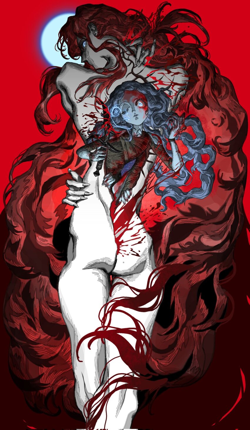 2girls absurdly_long_hair ass blood blue_hair breen_(geppert_kristy) chinese_commentary colored_skin commentary_request doll dual_persona elden_ring extra_faces highres long_hair looking_at_viewer looking_back lunar_princess_ranni multiple_girls one_eye_closed ranni_the_witch red_background red_hair very_long_hair wavy_hair white_skin