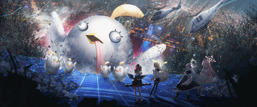 4girls ahoge aircraft angel_wings assault_rifle azusa_(blue_archive) backpack bag beret black_dress black_headwear black_sailor_collar black_wings blue_archive blue_sailor_collar bolt_action braid bullpup cardigan city destruction dress feathered_wings flower frilled_legwear frilled_skirt frills grey_wings gun hair_flower hair_ornament halo hanako_(blue_archive) hat head_wings helicopter hifumi_(blue_archive) highres jacket koharu_(blue_archive) lee-enfield light_brown_hair loafers long_sleeves loose_socks low_twintails low_wings m4_carbine miniskirt miyoshi_nao_(miyoshist) multiple_girls neckerchief night pantyhose peroro_(blue_archive) perorozilla_(blue_archive) pink_hair pink_neckerchief pleated_skirt purple_flower ribbon-trimmed_swimsuit ribbon_trim rifle sailor_collar shoes single_braid skirt skyline sleeves_past_wrists sneakers socks swimsuit twintails weapon white_bag white_cardigan white_hair white_jacket white_skirt white_wings wing_ornament winged_hat wings