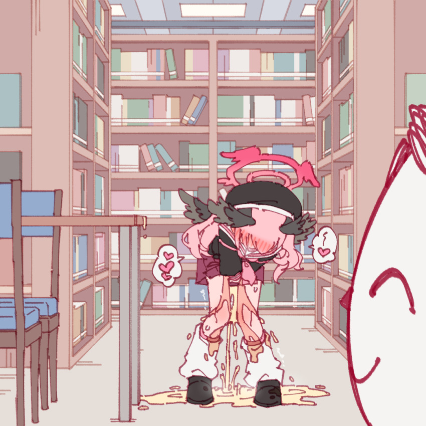 1girl beret black_footwear black_hat black_shirt black_wings blue_archive chinese_commentary commentary commentary_request doodle_sensei_(blue_archive) english_commentary feathered_wings full_body hair_blush halo hat head_wings heart indoors koharu_(blue_archive) library long_hair long_sleeves loose_socks low_wings miniskirt paid_reward_available pee peeing peeing_self pink_hair pink_halo pink_skirt pleated_skirt puddle rune_(dualhart) sailor_collar sensei_(blue_archive) shirt shoes skirt socks speech_bubble spoken_heart standing twintails walk-in white_sailor_collar white_socks wings