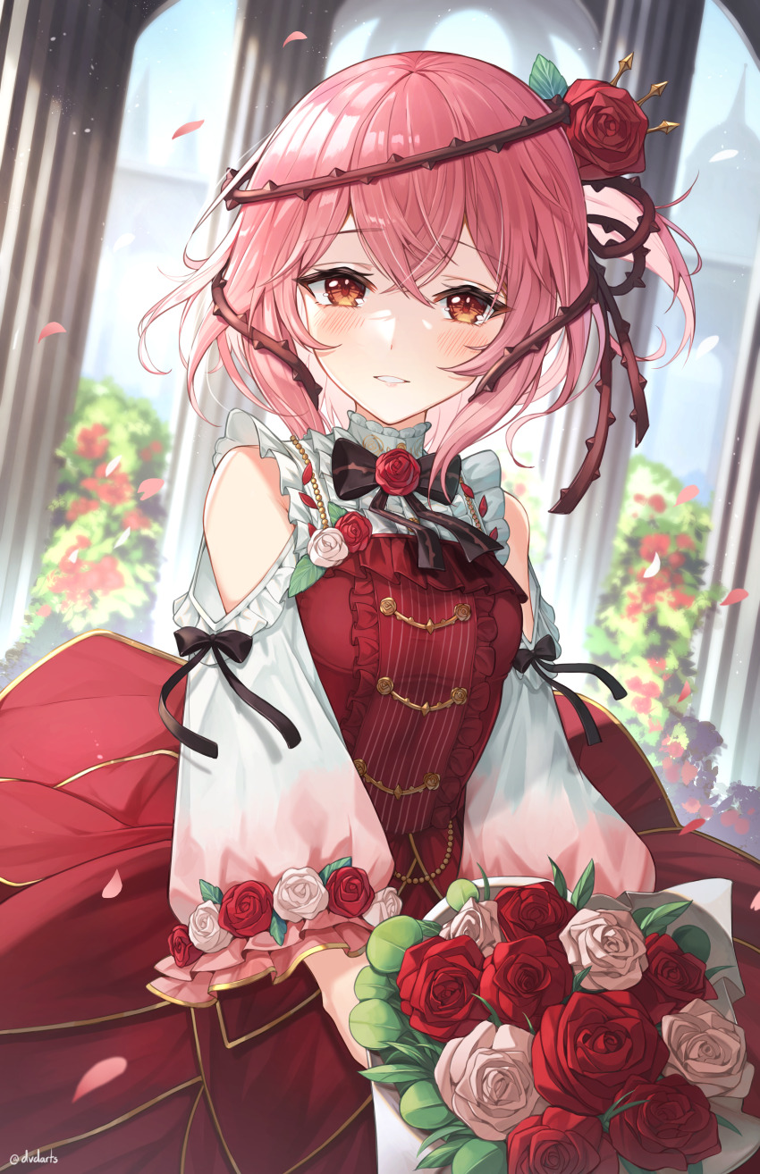 1girl absurdres bare_shoulders black_bow black_bowtie bouquet bow bowtie brown_eyes clothing_cutout dress dvdarts flower gold_trim gradient_clothes gradient_shirt hair_between_eyes highres holding holding_bouquet looking_at_viewer medium_hair multicolored_shirt nijisanji nijisanji_en pink_hair red_dress red_flower red_rose red_shirt rose rosemi_lovelock rosemi_lovelock_(1st_costume) shirt short_sidetail shoulder_cutout solo thorns virtual_youtuber white_flower white_rose white_shirt