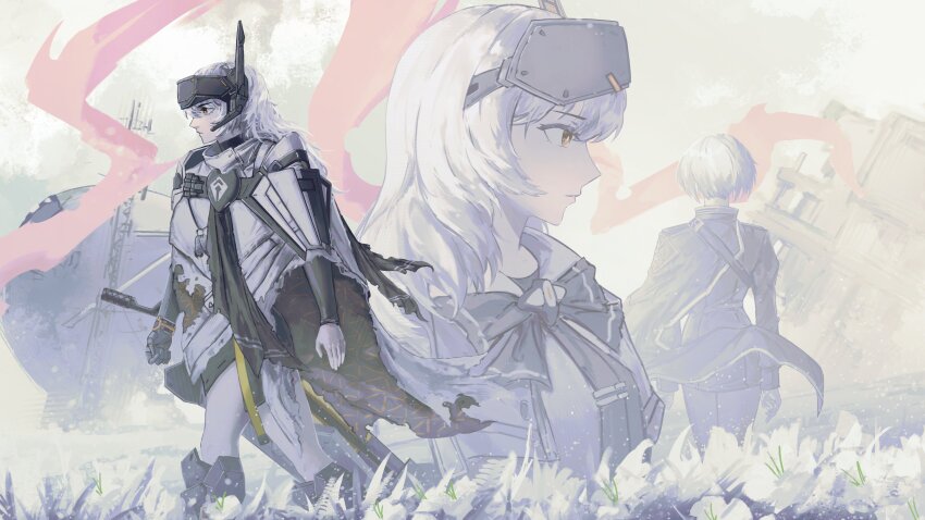 2girls absurdres armor armored_boots boots cloak from_behind from_side goddess_of_victory:_nikke head-mounted_display highres kkaijju liliweiss_(nikke) long_hair multiple_girls snow_white_(nikke) visor_(armor) white_cloak white_hair yellow_eyes