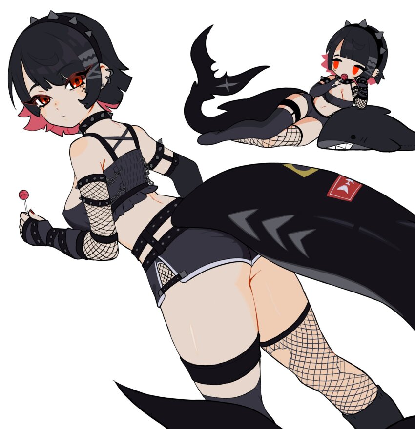 1girl alternate_costume ass black_camisole black_hair breasts camisole chain chibi chibi_inset collar colored_inner_hair covered_erect_nipples dolphin_shorts ear_piercing ellen_joe fingerless_gloves fins fish_tail from_behind gloves hair_ornament hairband hairclip highres large_breasts looking_at_viewer mole mole_under_eye multicolored_hair piercing pondaigrl red_eyes red_hair scar scar_on_tail shark_girl shark_tail short_hair shorts single_fishnet_armwear single_fishnet_legwear solo spiked_collar spiked_hairband spikes stuffed_animal stuffed_shark stuffed_toy tail thigh_strap white_background zenless_zone_zero