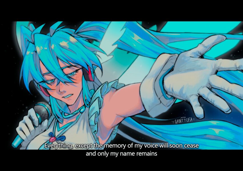 1girl absurdres blue_eyes blue_hair dress english_text gloves grey_dress hatsune_miku hatsune_miku_no_shoushitsu_(vocaloid) highres holding holding_microphone letterboxed long_hair looking_at_viewer microphone narrowed_eyes sainttufa sleeveless sleeveless_dress solo subtitled twintails upper_body vocaloid white_gloves