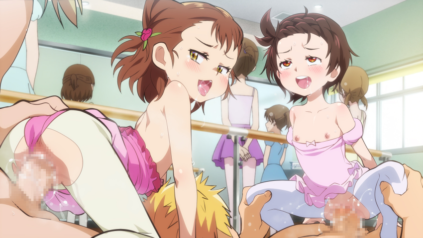 2boys 6+girls age_difference akeuraji_tsukasa all_fours anus ass ballet blush breath brown_hair censored clothes_pull clothing_aside dot_nose feet_out_of_frame flat_chest from_behind from_side functionally_nude half-closed_eyes hands_on_another&#039;s_knees hetero highres indoors jcm2 leotard leotard_aside leotard_pull loli looking_at_another looking_back medalist_(manga) medium_hair miketa_ryouka moaning mosaic_censoring multiple_boys multiple_girls naughty_face nipples no_panties open_mouth pantyhose penis pink_leotard public_indecency pussy red_eyes rolling_eyes short_hair size_difference spread_legs squatting squatting_cowgirl_position teeth tongue tongue_out torn_clothes torn_pantyhose upper_teeth_only vaginal white_pantyhose yellow_eyes yellow_pantyhose yuitsuka_inori